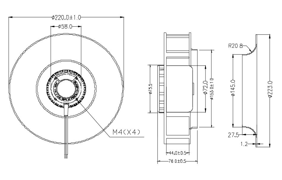 220mm DC plastic backward centrifugal fan 30W 2650 RPM(图2)